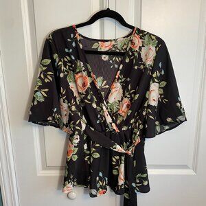 Black Floral Blouse with Tie Around Waist - Never Worn - Size 1XL